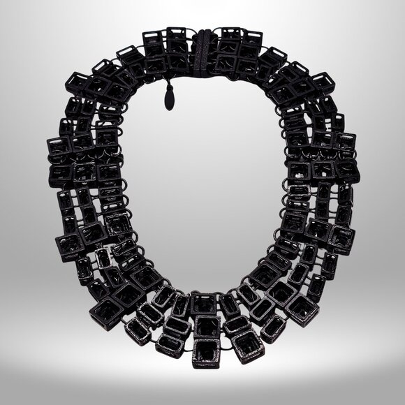 Natasha Black Geometric Multi-Strand Statement Necklace Chunky Resin Bib Collar - Picture 7 of 9